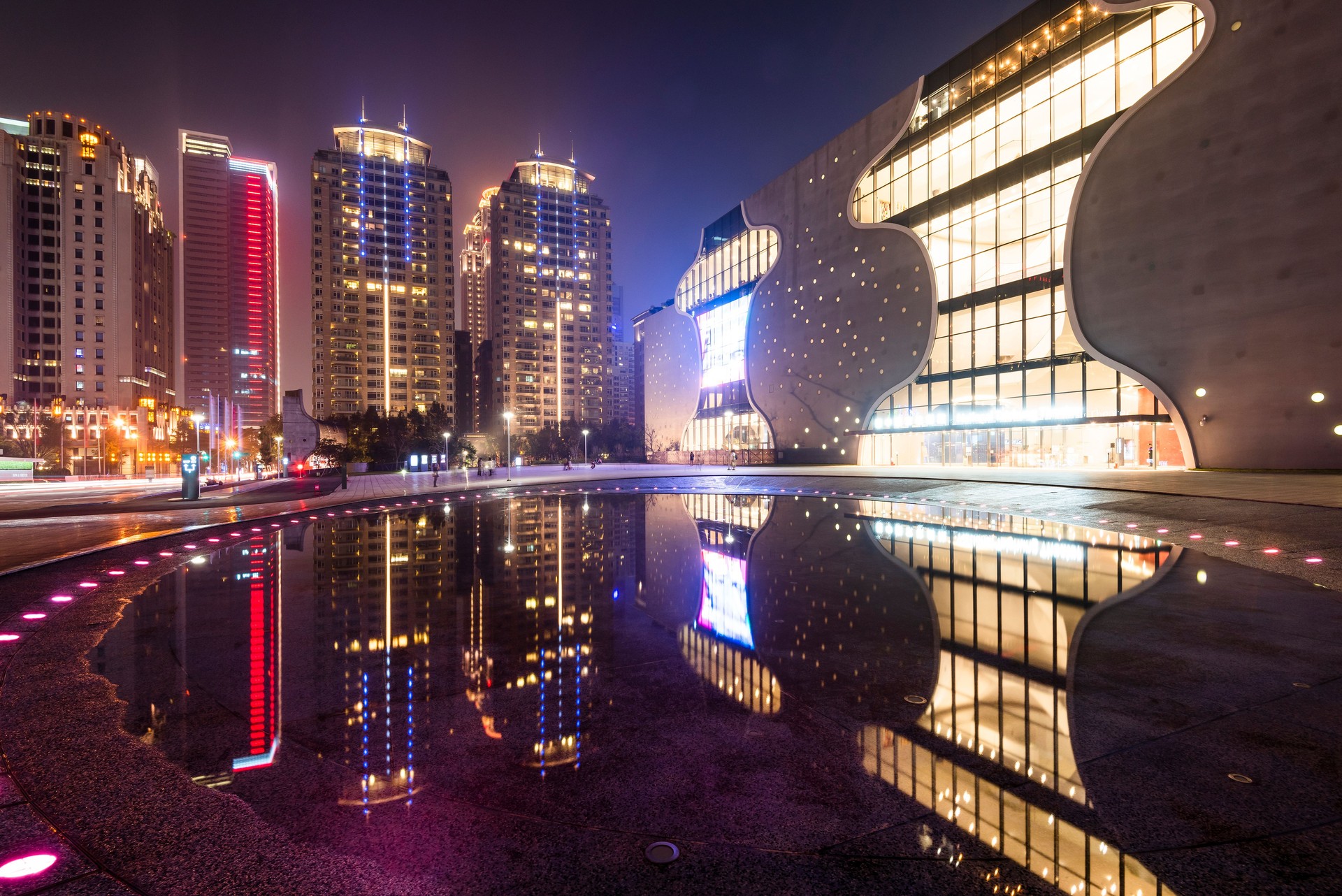 Night view of National Taichung Theater in Taiwan.